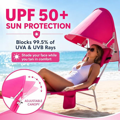 Backpack Beach Tanning Lounge Chair with Canopy Shade Face Hole Padded Adjustable Washable, 6 Position Layout Chair for Outside Sunbathing Poolside Lawn, UPF 50+ Wind-Resistant Sun Shade, 2Pack