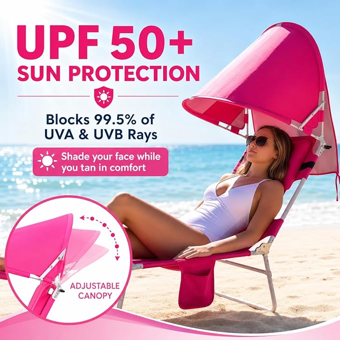 Backpack Beach Tanning Lounge Chair with Canopy Shade Face Hole Padded Adjustable Washable, 6 Position Layout Chair for Outside Sunbathing Poolside Lawn, UPF 50+ Wind-Resistant Sun Shade, Patented