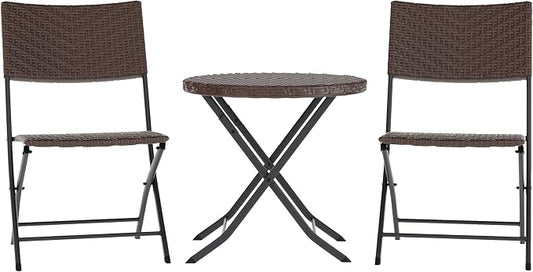Flash Furniture Rouen Commercial Grade Folding Bistro Set, Indoor/Outdoor PE Rattan Table Top, Back and Seat, Black Steel Frames, 3 Piece Set, Brown/Black