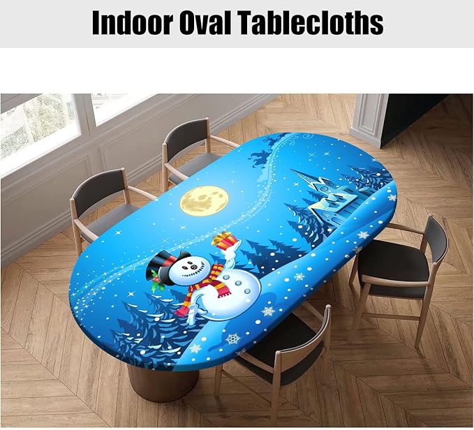 Christmas Oval Fitted Tablecltohs, Snowman with The Gift on Blue Background Elastic Edged Table Cover, Fits to 54" x 76" Tables, Wrinkle Resistant Table Cloth for Indoor Banquet and Outdoor Patio Use