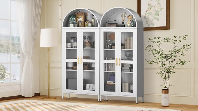 PioneerWorks 73" Arched Metal Storage Cabinet with Glass Door | 2 Adjustable Shelves | Arch-Top Storage Unit for Pantry, Living & Dining Rooms - White with Legs