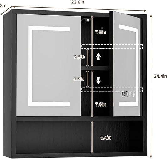 Bathroom Medicine Cabinet with Mirror, Lighted Storage Cabinet Wall Mounted with Doors & Adjustable Wood Shelf, Modern Bathroom Mirror with LED Lights Defogger for Makeup Laundry/Living Room, Black