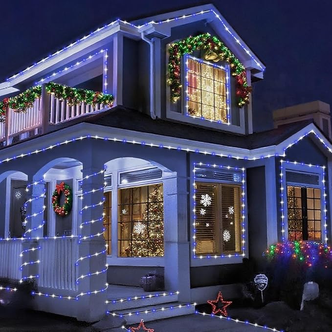 YEGUO Solar Rope Lights Outdoor Waterproof, 66ft 200 LED Blue and White String Lights, 8 Modes Fairy Lights in Clear Thin Tube