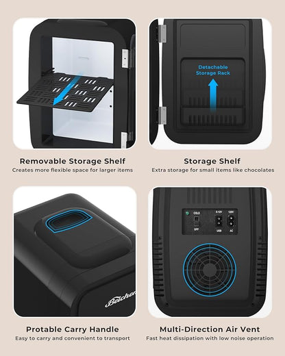 BEICHEN Mini Fridge 4 Liter/6 Can Portable Compact Refrigerator | for Bedroom Office Dorm Car, Fast Cooling, Low Noise, 100-125V AC/5-12V USB, for Skincare, Food, Drinks(Black)