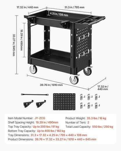 VEVOR Heavy Duty Utility Cart with Tray & Pegboard, 550 LBS 2 Tier Service Cart with 360° Swivel & Fixed Wheels (2 with Brakes), Plastic Rolling Cart, Tool Storage for Garage Warehouse Workshop