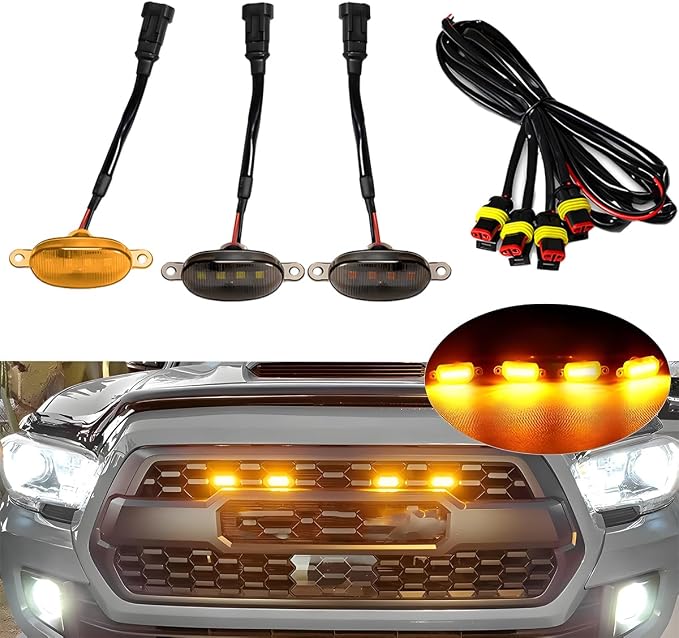 4PCS Car LED Grille Lights, Waterproof Bright Vehicle Grill Lights with Wiring Harness, Automotive Exterior Front Grille Trim Lamps Accessories, Compatible with F150 F250 F350 (Black/Yellow)