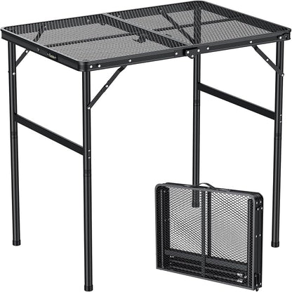 Anbte Portable Grill Table Max 29.5", 2 Adjustable Heights Folding Camping Table with Heat-Resistant Mesh Tabletop &Portable Handle, Waterproof, for Cooking BBQ Outdoor Patio, 31" X 22", Black