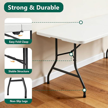 2 Pack 6ft Folding Table, Foldable Picnic Table Portable Table for Indoor Outdoor Use Heavy Duty Plastic Table Camping Table with Carry Handle for Party, BBQ, White