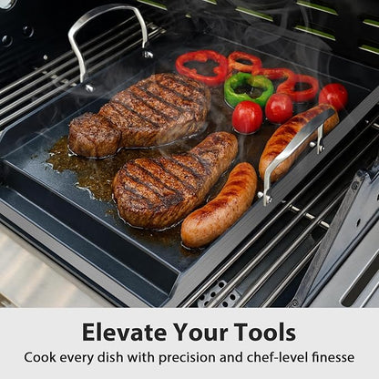 Utheer 19.5 x 10 Stainless Steel Griddle for Gas Grill and Stove Top | Ceramic Nonstick Stainless Steel Griddle Fits Gas Grill, Charcoal Grill and Stove Top with Grease Channel and X-Ridge Base