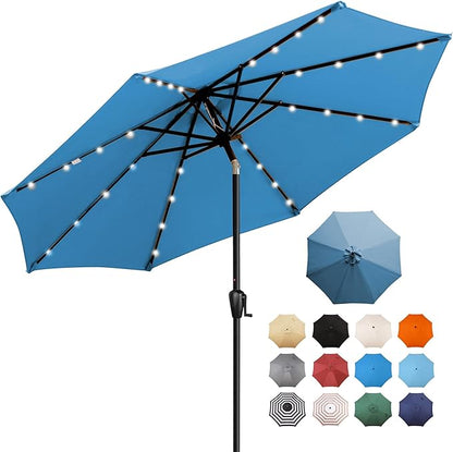 9' Round Patio Umbrella with 32 Solar Powered LED Lights, Push-Button Tilt and Hand Crank Lift, Solar Umbrella in Teal for Porch, Deck, and Patio by Sun-Ray