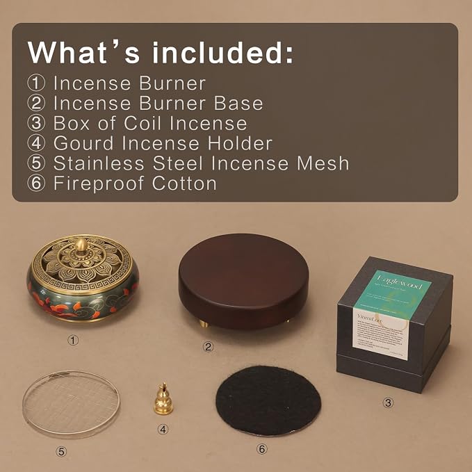 Brass Incense Burner Set with Agarwood Coils, Vintage Bakhoor Resin Burner | Japanese Style Incense Holder; Ideal for Zen & Meditation; Unique Home & Office Decor. Versatile Burner for Most Incense