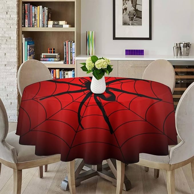 Spider Web Tablecloth, Big Spider Black Spiderweb Gothic Water Resistant Wipeable Table Cover for Picnic Party Holiday Kitchen Dinner Table 36"