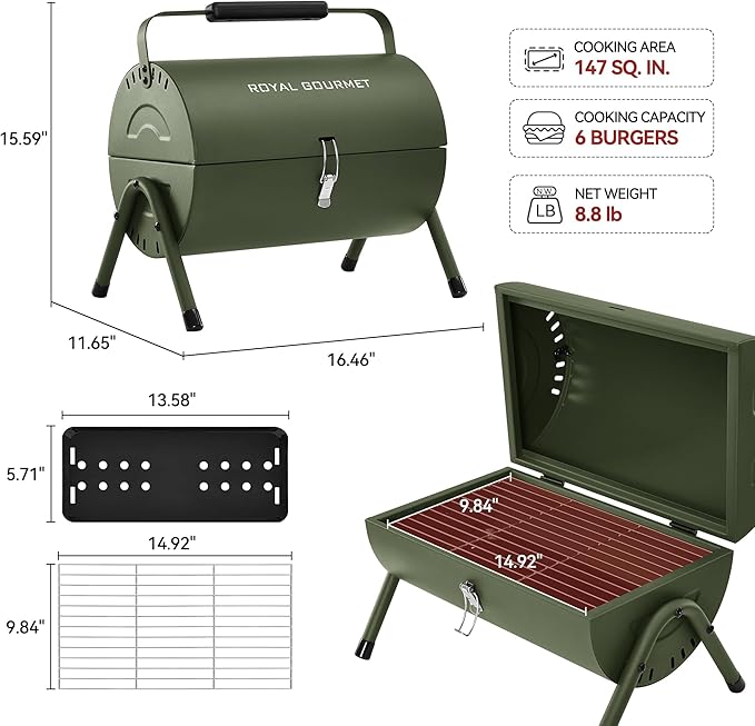 CC1015L Portable Charcoal Grill, 147 Sq. In. Cooking Area, with Four Air Vents, Lid Latch Buckle, Lid Handle, for Outdoor Backyard, Patio Parties and Picnics, Olive Green