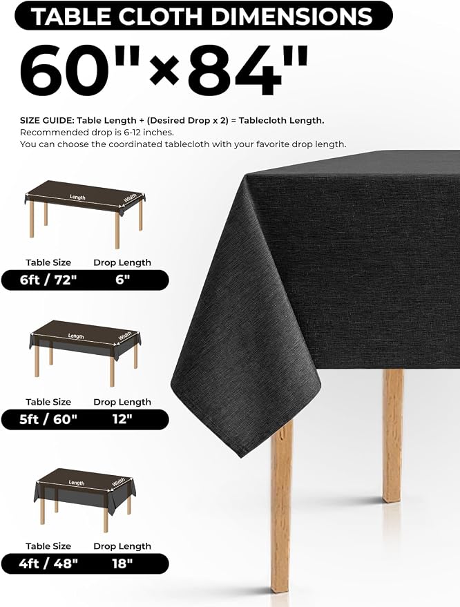 Decorelia Black Faux Linen Tablecloths for Rectangle 8 Ft Table-6 Pack, Washable Polyester Rustic Rectangular Fabric Cloth Table Cloth Cover for Wedding,Outdoor,Events,Party,Banquet, Dining 60x84 Inch