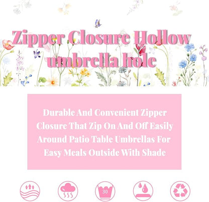Outdoor Tablecloth with Umbrella Hole and Zipper, Patio Table Covers for Spring/Summer, Machine Washable Outdoor Party/Picnic Rectangle Table Cloth 60 x 120 in
