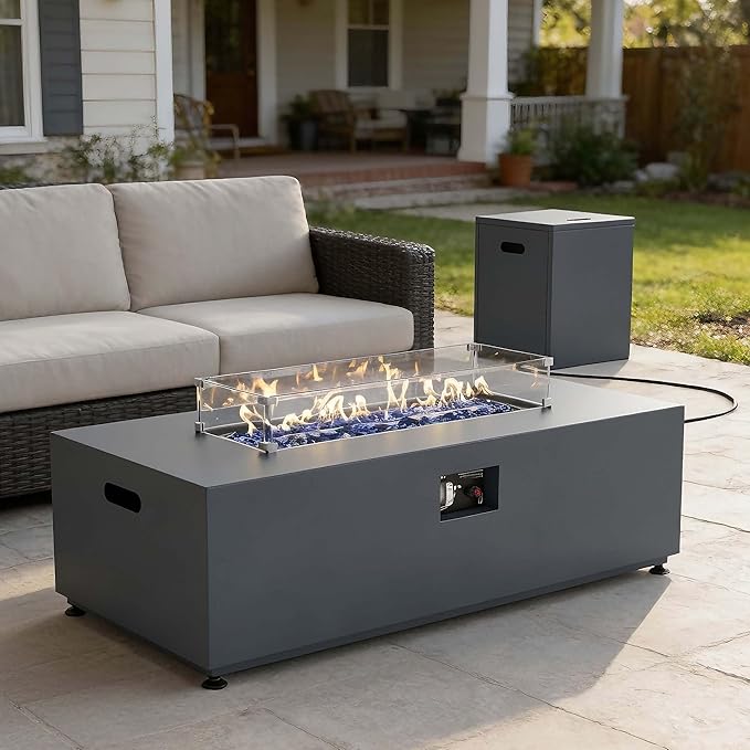42 Inch Gas Fire Pit Table, 55,000 BTU Propane Fire Pits for Outside with Aluminum Lid and Waterproof Cover, 2 in 1 Firepit Table
