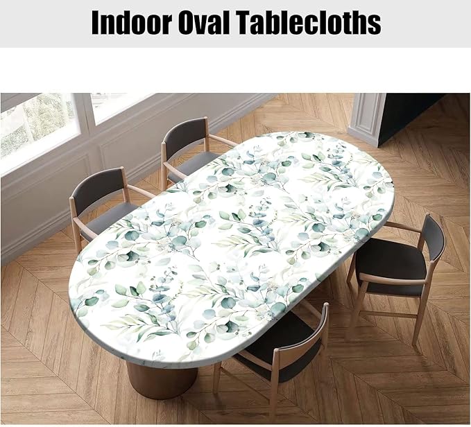 Spring Leaf Oval Elastic Fitted Tablecloth, Floral Sage Green Leaves Elastic Edged Polyester Wipeable Table Cloths, Indoor Holiday Family Banquet and Outdoor Patio Use, Fits for 52" x 70" Oval Table