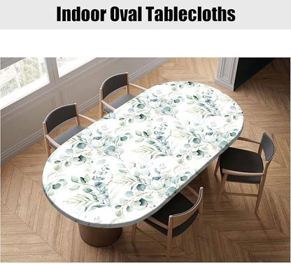 Spring Leaf Oval Elastic Fitted Tablecloth, Floral Sage Green Leaves Elastic Edged Polyester Wipeable Table Cloths, Indoor Holiday Family Banquet and Outdoor Patio Use, Fits for 42" x 60" Oval Table