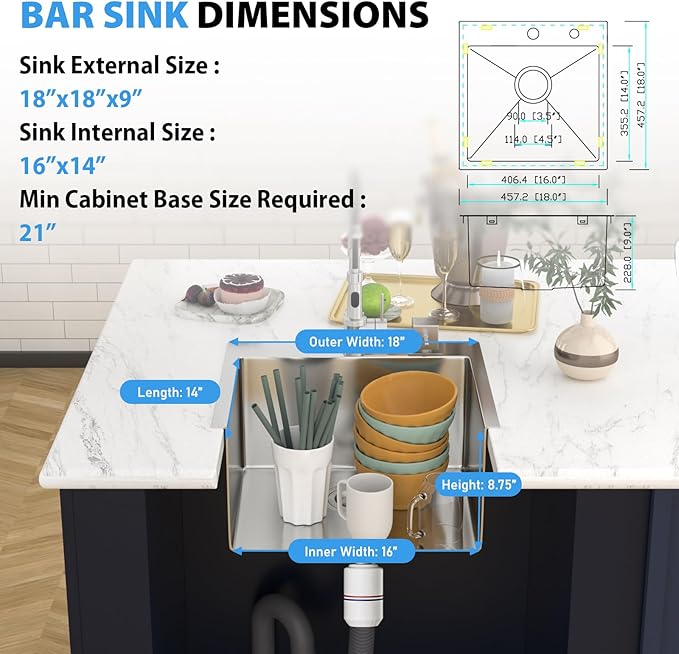 18 Drop In Bar Sink 18 x 18 Inch Kitchen Sink 18 Gauge Stainless Steel Single Bowl Topmount Handmade Sink for Outdoor, RV, 18x18x9