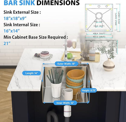 18 Drop In Bar Sink 18 x 18 Inch Kitchen Sink 18 Gauge Stainless Steel Single Bowl Topmount Handmade Sink for Outdoor, RV, 18x18x9