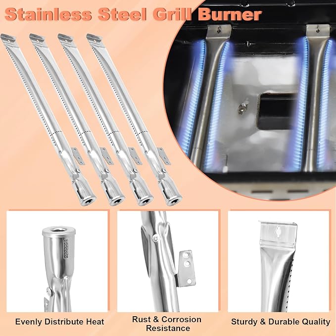 Grill Parts for Nexgrill 720-0830H 720-0830 720-0830D 720-0830T 730-0830MB 730-0830H Cast Iron 17" Cooking Grates, Porcelain Steel Heat Plates, Burner Replacement Kit for Home Depot Nexgrill 4 Burner