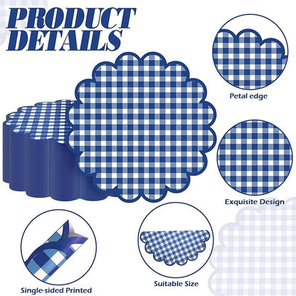 100Pcs Checkered Paper Placemats Dark Blue Gingham Place Mats 13.5 Inch Disposable Round Decorative Dining Table Mat with Scalloped Edge Paper Cutouts Decor for Summer Picnic BBQ Table Party Supplies