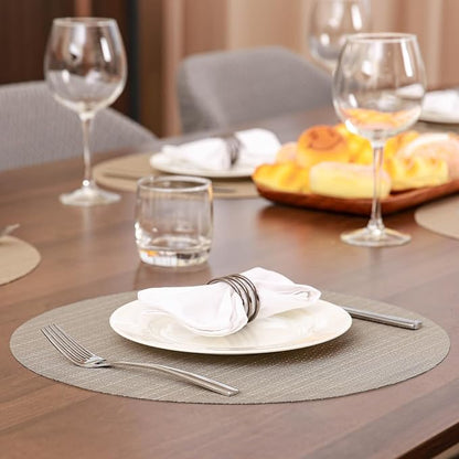 15 Inch Round Placemats Set of 6, Washable Vinyl Woven Place Mats | Heat Resistant Non-Slip Braided Table Mats for Dining Table Kitchen Indoor & Outdoor Use (Golden Silver, Set of 6)