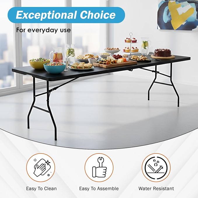 PayLessHere Folding Table Plastic Picnic Table for Parties Wedding Camping Office with Carrying Handle (Black, 8 FT)