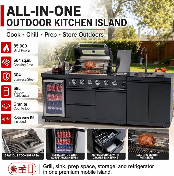 98-Inch Outdoor Kitchen Grill Island, 6-Burner 72,000 BTU Propane Gas BBQ Grill with Refrigerator, Rotisserie Kit, Stainless Steel Countertops, Storage Cabinets & Drawers, Black