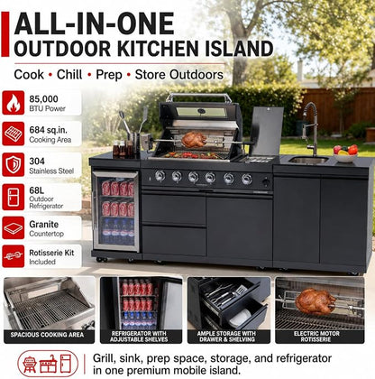 98-Inch Outdoor Kitchen Grill Island, 6-Burner 72,000 BTU Propane Gas BBQ Grill with Refrigerator, Rotisserie Kit, Stainless Steel Countertops, Storage Cabinets & Drawers, Black