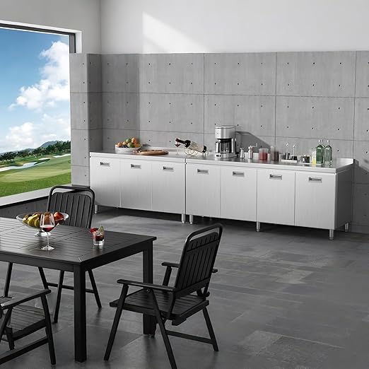 ZZV 55" x 21" Stainless Steel Table Cabinet for Prep & Work, Heavy Duty Prep Table with 3 Pull-Out Doors, Commercial Workbench with Cabinet for Kitchen, Restaurant, Hotel, Garage, and Warehouse