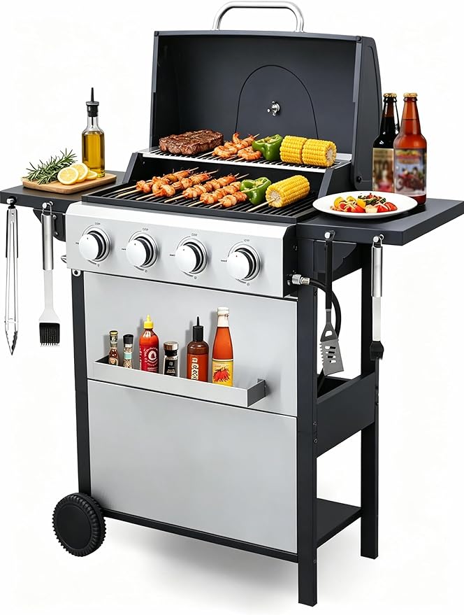 4 Burner Propane Gas Grill, 387 Sq.In Stainless Steel BBQ Grill with Foldable Side Table & Wheels, Portable Outdoor Gas Grill for Backyard Patio Camping, Easy Ignition & Thermometer