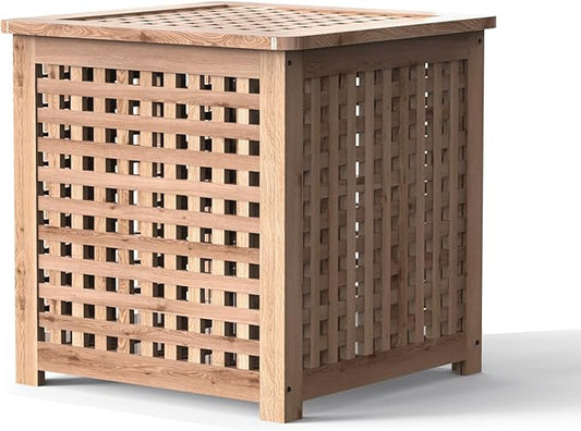Wooden Grid Side Table for Indoor/Outdoor,Small Coffee Table for Boho Corner/Patio/Living Room,Storage Bin Deck Box for Cushions,Toys,Furniture Covers,Etc.Original Wood Color