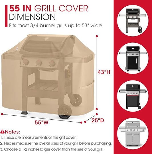 Unicook Grill Cover for Outdoor Grill 55 Inch, Heavy Duty Waterproof BBQ Cover for Outside, Compatible with Weber Char-Broil Nexgrill 3-4 Burner Gas Grills, All Weather Protection, Light Brown