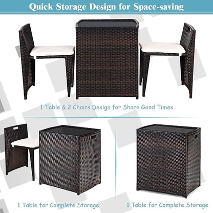 HAPPYGRILL 3 Pieces Wicker Patio Bistro Set, Outdoor Rattan Dining Set, Patio Furniture Set with Cushions for Yard Deck Garden Poolside