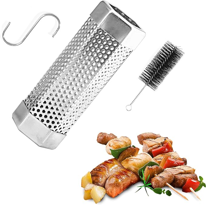 Pellet Smoker Tube,Premium Stainless Steel Portable Barbecue Smoking Tube,5 Hours of Billowing Smoke - Hot or Cold Smoking,6'' Smoker Tube with Brush and Hook for All Grill, Smoker