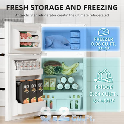 Antarctic Star Compact Refrigerator with Freezer,2 Door Mini Fridge,Adjustable Shelf,Adjustable Thermostat,for Bedroom,Office,Dorm,Kitchen,3.2 Cu.Ft.WHITE