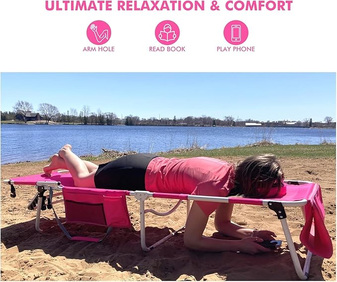 Wheel-To-Go Oversized Tanning Chair with Face Hole & Wheels | Portable Heavy Duty Folding Lounge Chair | Outside Sunbathing Reading Relaxing Beach Poolside Lawn | XL Wide | 330 LBS (Patent Design)