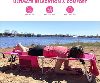 Wheel-To-Go Oversized Tanning Chair with Face Hole & Wheels | Portable Heavy Duty Folding Lounge Chair | Outside Sunbathing Reading Relaxing Beach Poolside Lawn | XL Wide | 330 LBS (Patent Design)