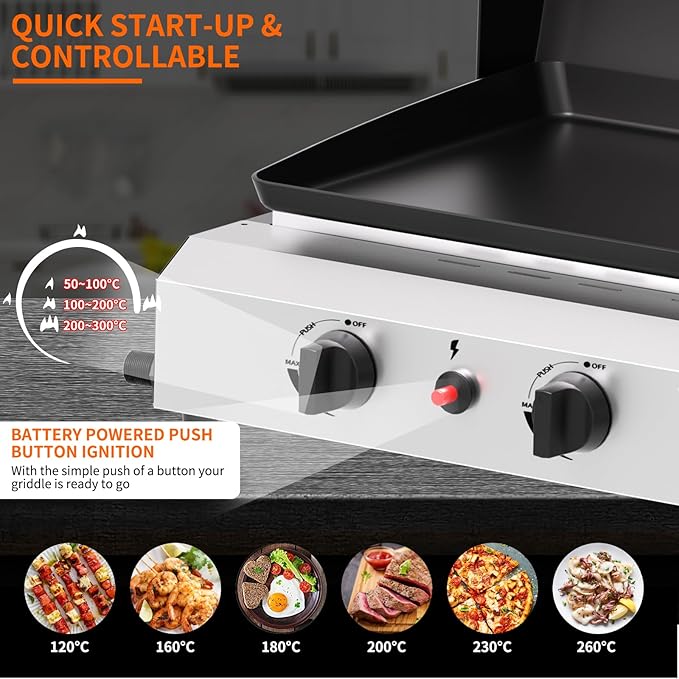 SKOK 2 Burner Gas Griddle with Hood- 17 Inch Outdoor Propane Griddle-30000 BTU Propane Fuelled, Portable Flat Top Gas Grill Camping Griddle with Lid for Kitchen, Outdoor BBQ, Camping