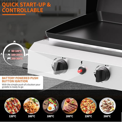 SKOK 2 Burner Gas Griddle with Hood- 17 Inch Outdoor Propane Griddle-30000 BTU Propane Fuelled, Portable Flat Top Gas Grill Camping Griddle with Lid for Kitchen, Outdoor BBQ, Camping