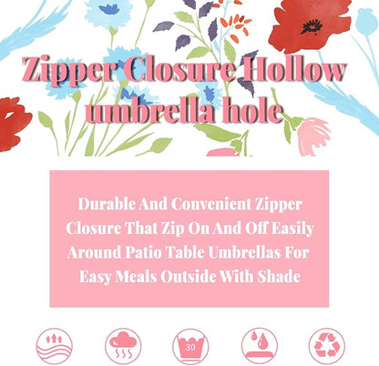 Oval Outdoor Tablecloth with Umbrella Hole and Zipper, Patio Table Covers for Spring/Summer, Machine Washable Outdoor Party/Picnic Oval Table Cloth