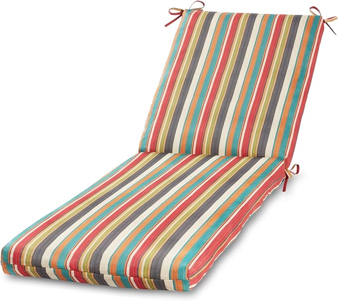 Modern Outdoor Chaise Lounge Cushion with Ties – Durable Polyester Fabric, Channel-Filled Polyfiber Insert, Removable Zippered Cover, Sunset Stripe