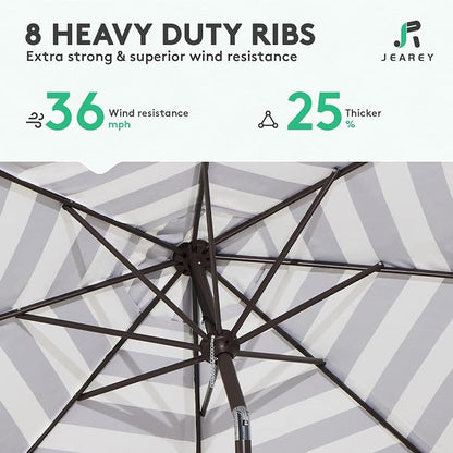 JEAREY 9FT Outdoor Patio Umbrella, Market Umbrella, Blue-white Stripe | Outdoor Table Umbrellas with 8 Sturdy， Tilt & Crank UV Protection Waterproof for Garden, Deck, Backyard, Pool