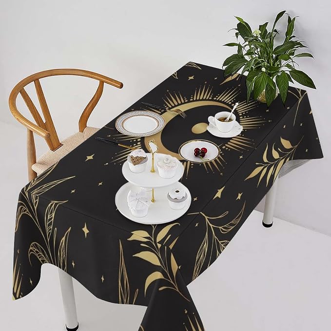 Sun Moon Tablecloth Vintage Boho Astrology Gold Celestial Star Galaxy Space Table Cloth Water Resistant Wipeable Table Cover for Picnic Party Holiday Kitchen Dinner Table 55"x55"