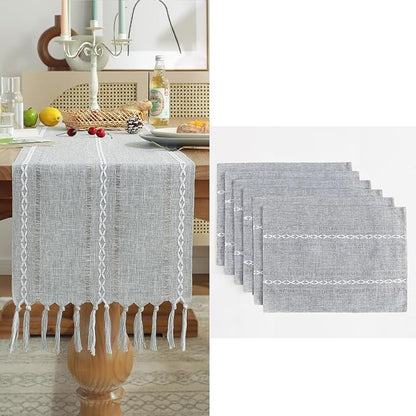 Wracra Cotton Linen Place Mats, Grey Embroidered Placemats Set of 8 | Placemats 12 x 18 Inch; Cotton Linen Woven Fabric; Heat Resistant Table Mats; Raised Embroidered Hollow Design