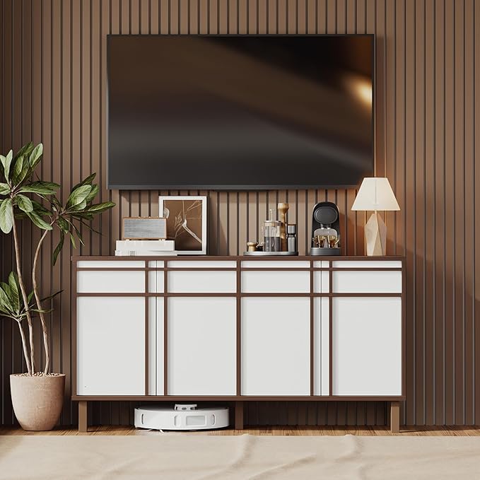 58 inch Sideboard Buffet Cabinet with 3 Drawers, Modern Credenza with 4 Doors & Adjustable Shelf, Large Coffee Bar Storage for Kitchen, Entryway