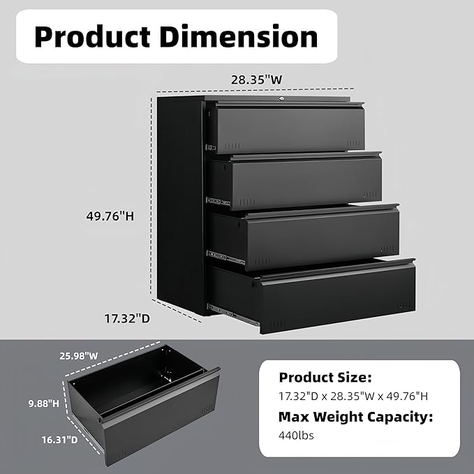 Approgreent Lateral 4 Drawer File Cabient with Lock, Metal Filing Cabinets for Home Office, Heavty Duty Office Storage Cabinet for A4/Letter/Legal (Matte Black)
