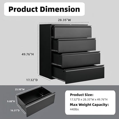 Approgreent Lateral 4 Drawer File Cabient with Lock, Metal Filing Cabinets for Home Office, Heavty Duty Office Storage Cabinet for A4/Letter/Legal (Matte Black)