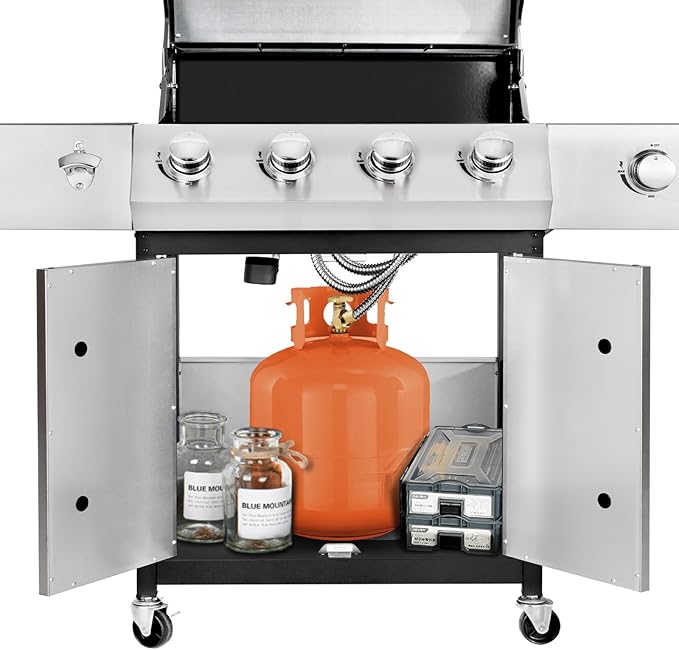 Kendane 4-Burner Propane Gas BBQ Grill with Side Burner, Barbecue Gas Grill with Enameled Cast Iron Grates for Outdoor Patio Garden Barbecue, 53,000 BTU, Stainless Steel Grill Cover included